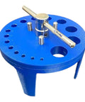 Table Mount Gasket Punch Set 6 To 38mm 16 In 1 Hollow Punch Kit for leather and plastic sheets featuring blue table stand and holes.