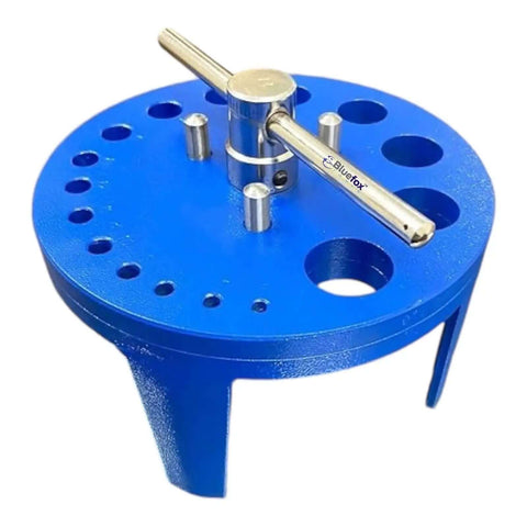 Table Mount Gasket Punch Set 6 To 38mm 16 In 1 Hollow Punch Kit for leather and plastic sheets featuring blue table stand and holes.