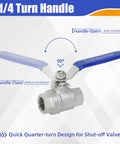 1/4 turn handle of 2 Pack One Half Inch Stainless Steel Ball Valve 304 Full Port NPT Female Beefy Heavy Duty Shut Off Valves With Blue Locking Handles For Water Oil And Gas 1000 WOG