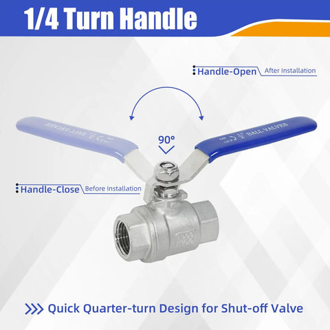 1/4 turn handle of 2 Pack One Half Inch Stainless Steel Ball Valve 304 Full Port NPT Female Beefy Heavy Duty Shut Off Valves With Blue Locking Handles For Water Oil And Gas 1000 WOG
