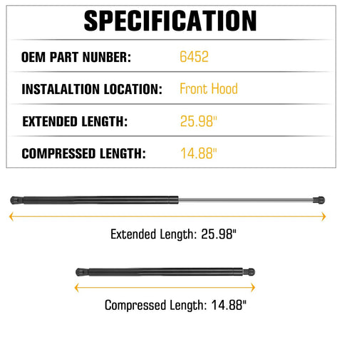 Front Hood Lift Support Struts Gas Springs 6452 for Avalon 2005-2012, extended length 25.98 inches, compressed 14.88 inches