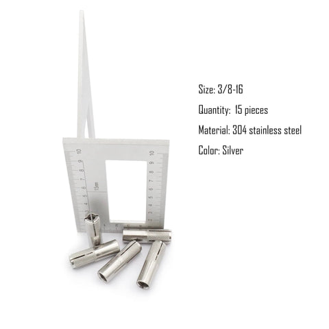15 Pieces Drop In Anchors Set, Knurled, 3/8-16 For Solid Concrete with ruler, 304 Stainless Steel, Silver Finish