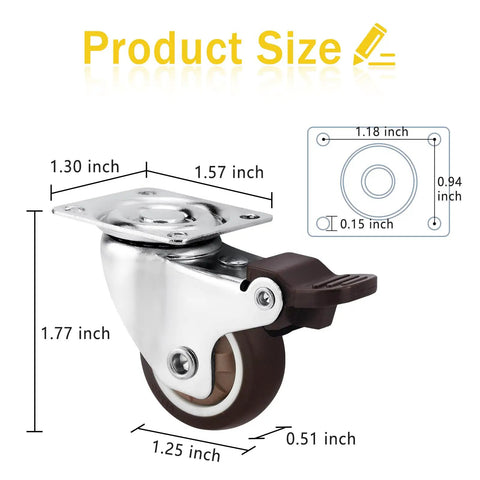 Smooth Riding Low Profile Rubber Casters, Silent 360 Swivel Wheels For Home Office Desks And Furniture, size dimensions with mounting plate detailed.