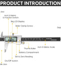 6 Inch Digital Caliper Tool With Big LCD Screen For DIY And Home Projects, Stainless Steel Vernier Caliper, labeled parts view.