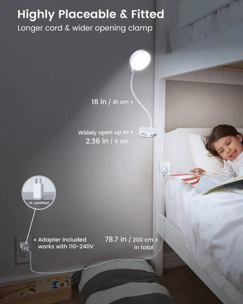 Clip On LED Reading Light For Bed With 36 LEDs, attached to headboard, illuminating a bed with child reading, focus on flexible arm