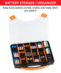 Portable 18 Compartment Parts Organizer Box With Removable Plastic Dividers For Screws Nuts Bolts Nails Orange Durable Storage Case For Garage Workshop And Craft Room A Real Handy Must Have showing compartments with batteries.