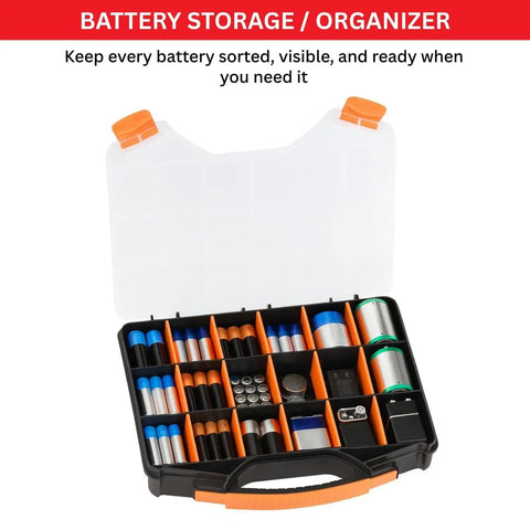 Portable 18 Compartment Parts Organizer Box With Removable Plastic Dividers For Screws Nuts Bolts Nails Orange Durable Storage Case For Garage Workshop And Craft Room A Real Handy Must Have showing compartments with batteries.