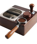 Premium Wooden Espresso Tamper Holder With Slick Drip Catch Tray And Knock Box Replacement Rock Solid Anti Slip Countertop Organizer view from above displaying drip tray and tamper.