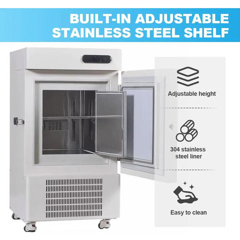 Super Chill Ultra Low Temperature Lab Freezer With Kickass Cryogenic Cooling features a built-in adjustable stainless steel shelf.