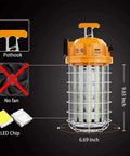 Beast Bright 150W LED Temporary Work Light With 24000 Lumen Daylight White 5000K IP64 Dust And Waterproof Stainless Steel Protective Cover, orange, dimensions labeled.