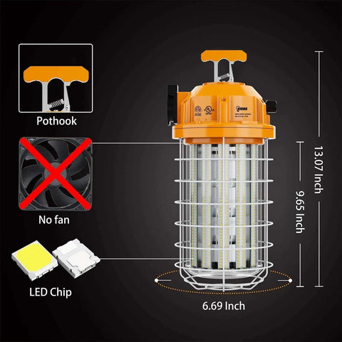 Beast Bright 150W LED Temporary Work Light With 24000 Lumen Daylight White 5000K IP64 Dust And Waterproof Stainless Steel Protective Cover, orange, dimensions labeled.