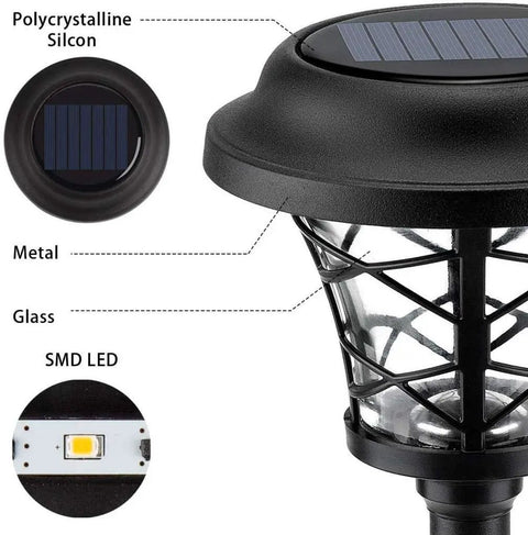 Close-up of Six Pack Solar Pathway Lights Outdoor Waterproof Garden Lights with polycrystalline silicon, metal, glass, SMD LED details.