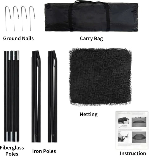 Components of Portable Baseball Batting Cage Net For Outdoor And Indoor Practice, 13 By 10 By 8 Feet, including net, poles, and carry bag.