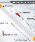 22Ft Fiberglass Wire Running Kit With Four Attachments For Quick Low Friction Cable Pulls Through Conduits Ultra Flexible Fish Tape Rods For Wiring Projects And Electrical Installations, showing brass hook, eyelet ring, fish tape fastener and magnet head