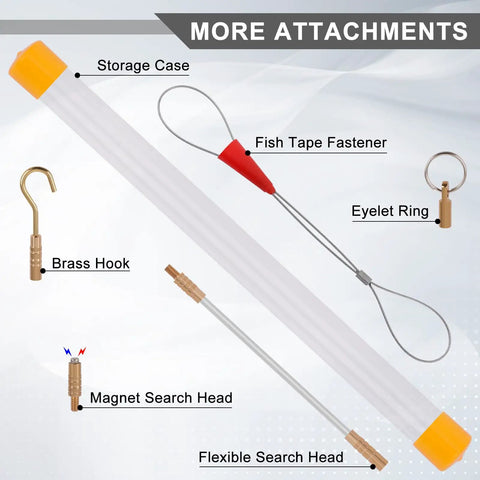 22Ft Fiberglass Wire Running Kit With Four Attachments For Quick Low Friction Cable Pulls Through Conduits Ultra Flexible Fish Tape Rods For Wiring Projects And Electrical Installations, showing brass hook, eyelet ring, fish tape fastener and magnet head