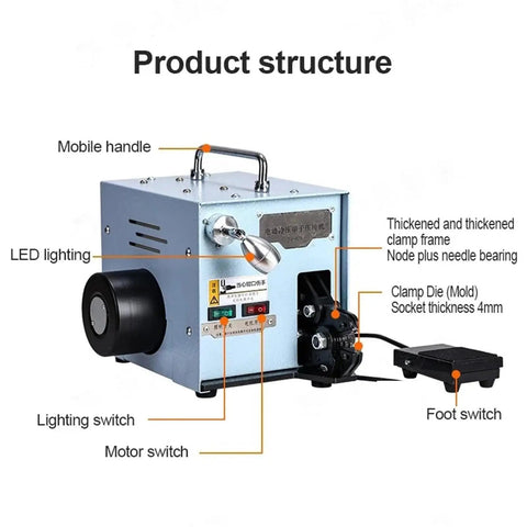 Quick As Lightning 60W Electric Terminal Crimping Tool Featuring No Sweat Adjustable Jaw Pressure showing components and features.
