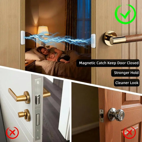 Ultra Thin Magnetic Door Catch With Heavy Duty Adhesive for quiet close in wooden door with sleeping family scene