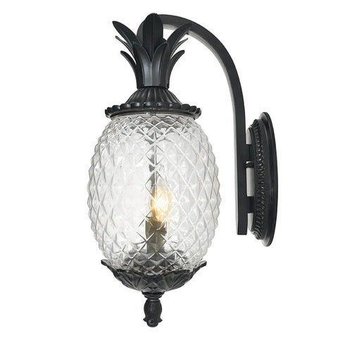 Lanai Collection Two Light Outdoor Wall Mount Lantern Matte Black Wet Location Exterior Fixture With Tropical Leaf Flower And Fruit Motif For Porch Patio Or Garden featuring pineapple design.