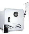 Compact propane tankless water heater for RVs, measuring 355x320x320mm, featuring showerhead and control panel.