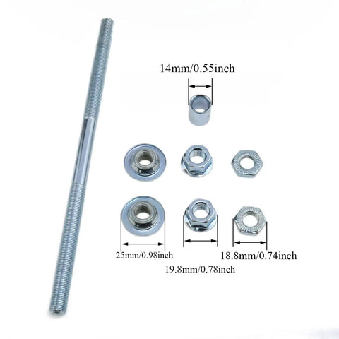 Hella Durable Rear Bicycle Hub Axle 190 Mm Compatible With 3/8 Inch Frame Spacing And 26 Tpi Threads is shown with nuts and bolts.
