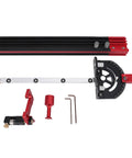 Tough Table Saw Miter Guide With 13 Positive Angle Stops And Adjustable Backing Blocks That Slide Smooth To 36 Inches, aluminum and red accessories.