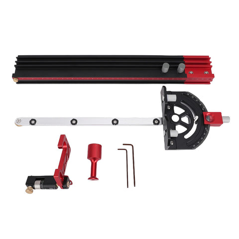 Tough Table Saw Miter Guide With 13 Positive Angle Stops And Adjustable Backing Blocks That Slide Smooth To 36 Inches, aluminum and red accessories.