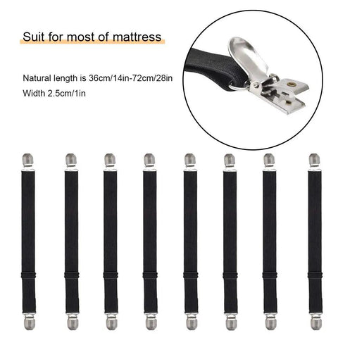 Adjustable Bed Sheet Straps Clips 8 Pack Black Heavy Duty Elastic Mattress Fasteners with metal clips detail view