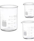 Go To Lab Beaker Set Low Form Graduated Glass Borosilicate 50ml 100ml 250ml with clear graduations for precise measurements.