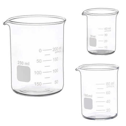 Go To Lab Beaker Set Low Form Graduated Glass Borosilicate 50ml 100ml 250ml with clear graduations for precise measurements.