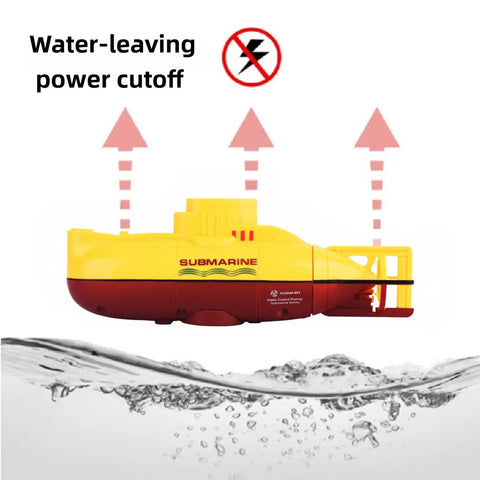 Mini RC Submarine Waterproof Remote Control Boat Toy for Kids with 360 Degree Rotating Propeller in bright yellow showing water-leaving power cutoff feature