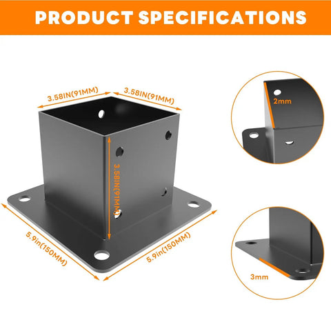 Beefy 4x4 Post Base Kit For Decks And Fences, Powder Coated Carbon Steel Post Anchor Brackets, Inner 3.5 By 3.5 Inches