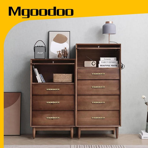 Wooden dresser with Five Pack Bamboo Shape Drawer Pulls in Antique Brass Finish, showcasing zinc alloy cabinet hardware on drawers.