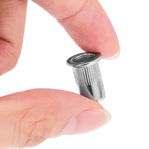 50 Pack M6 Stainless Steel Rivet Nuts Kit With Knurled Threaded Inserts And Flat Head For Vibration-Resistant Fastening, Rapid Assembly, Ideal For Furniture Repair And Thin Metal Sheets, close-up
