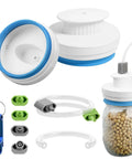 Mason jar sealer kit for FoodSaver vacuum sealer; blue jar adapters for regular and wide-mouth jars with hoses.