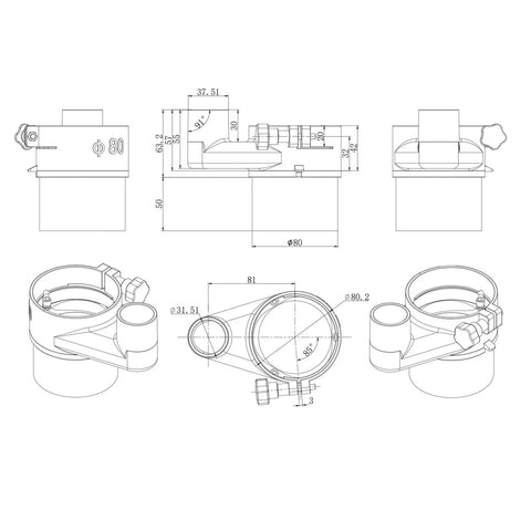 Technical drawing of Dust Shoe Cover For CNC Router 80mm Spindle With Magnetic Suction, dimensions and design details shown.