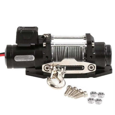 Heavy Duty Simulated Metal Electric Winch For Traxxas TRX4 SCX10 Defender D90 D110 RC Crawler with metal body and hardware.