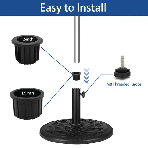 Diagram showing 3 Pcs Umbrella Base Stand Replacement Parts Kit With M8 Threaded Knobs And Hole Ring Caps Includes 1.95 Inch And 1.55 Inch Ring Sizes