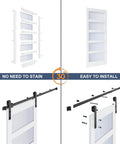 36x84 Inch Glass Sliding Barn Door Slab With 6.6 Ft Hardware Kit Included Five Frosted Glass Panes LVL Wood Core Covered In White Waterproof Scratch Proof PVC Surface Built To Last And A Snap To Install For A Clean Modern Look installation process and components shown