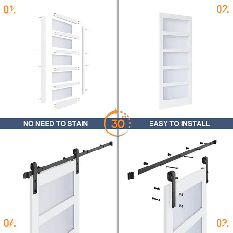 Double 24 By 84 Inch Glass Barn Door Slab With 8 Foot Hardware Kit Included, Five Frosted Glass Panels, installation illustration