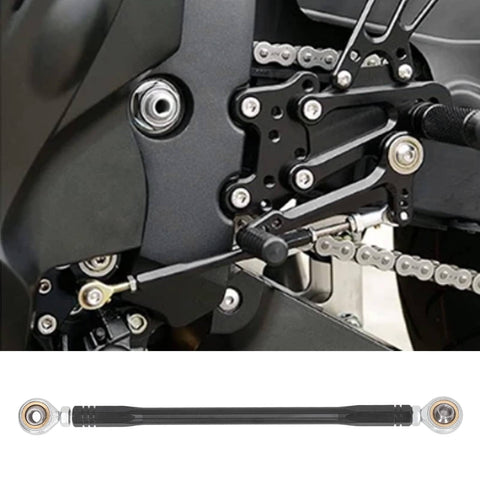 High Performance Aluminum Motorcycle Gear Shift Lever 180mm Linkage Bar With Rear Seat Footpegs, visible beside motorcycle engine