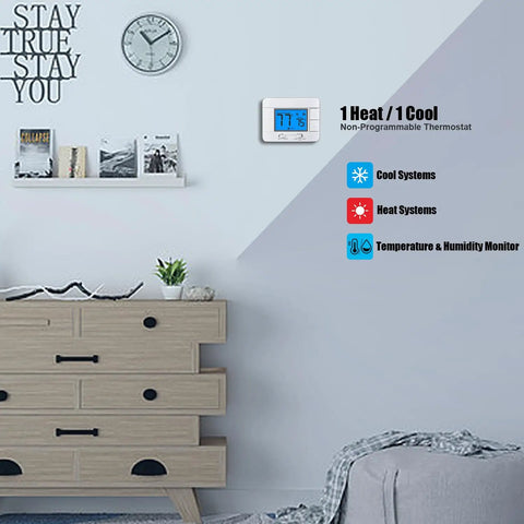 Digital Non Programmable Thermostat For Home 1 Heat 1 Cool Single Stage System With Temperature Humidity Monitor on wall