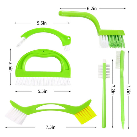 Six Piece Green Grout Cleaner Brush Set With Handle For Deep Cleaning Gaps, Floors, Kitchen And Bathroom With Stiff Bristles