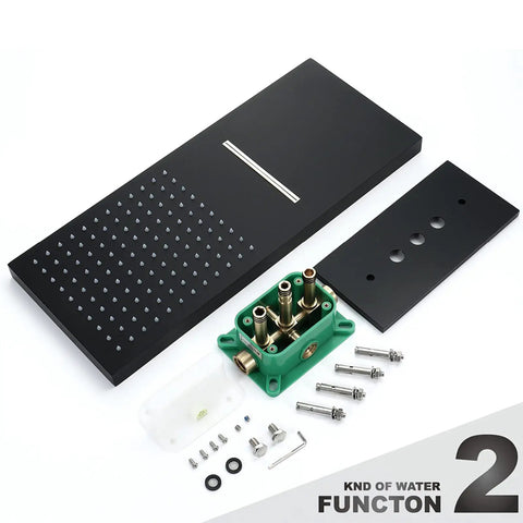 Slick Matte Black Thermostatic Shower System Wall Mounted Rainfall Head With Handheld Sprayer Three Setting Push Button Switch parts and components.