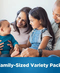 A family sitting together smiling on a couch with the text 'Family-Sized Variety Pack' visible.