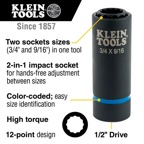 All In One Impact Socket With Three Quarter Inch And Nine Sixteenth Inch Hex Sizing Deep Twelve Point Socket One Half Inch Drive High Torque Design For Easy Pole Hardware Installations And Hard To Reach Fasteners, showing dual socket sizes and features.