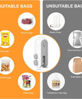 Mini Bag Sealer And Cutter, Handheld Heat Vacuum Sealer For Plastic Bags, shown with suitable and unsuitable bag types