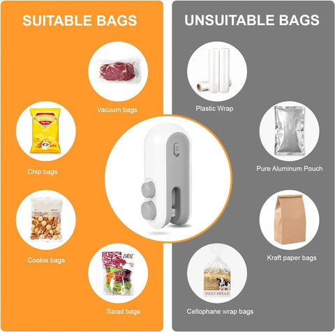 Mini Bag Sealer And Cutter, Handheld Heat Vacuum Sealer For Plastic Bags, shown with suitable and unsuitable bag types