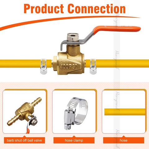 1/4 Fuel Shut Off Valve Brass Hose Barb Ball Valve for Outdoor Irrigation with hose and clamps