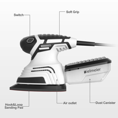 Electric Detail Sander With 12-Piece Sandpaper Set 60 80 100 120 Grit 14,000 OPM Handheld with labeled parts