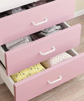 Bright White 3.8 Inch Cabinet Pulls 5 Pack Aluminum Alloy Drawer Handles on pink drawers showing curved tray style.